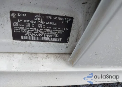 2011 BMW 328I xDrive from USA, damaged, VIN WBAPK5G51BNN80594